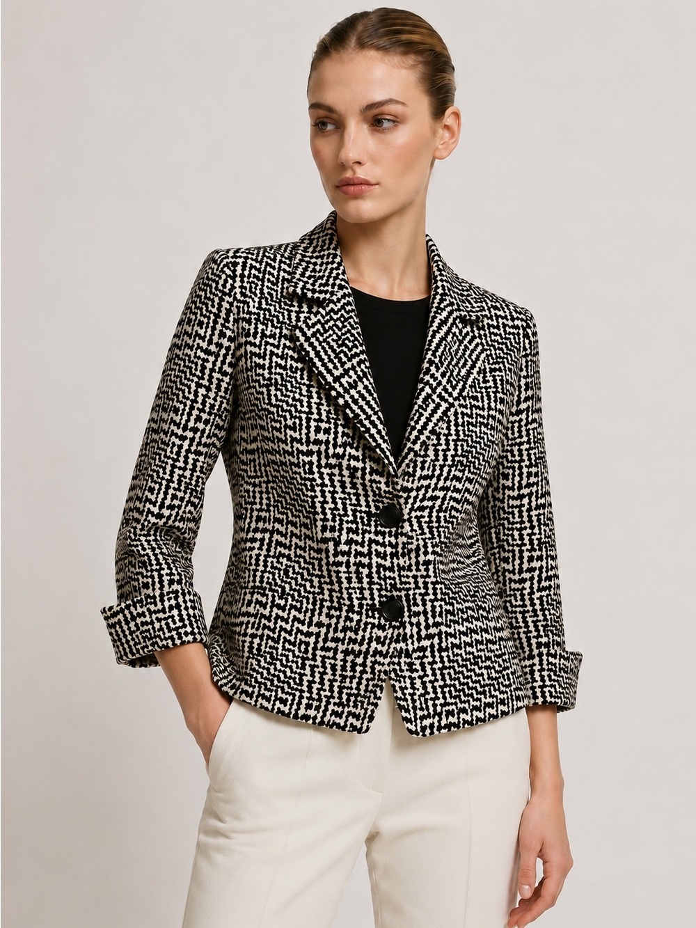 Max Mara Italy Black Cream Jacquard Cotton Blend Cropped Blazer 3/4 Sleeve US 12